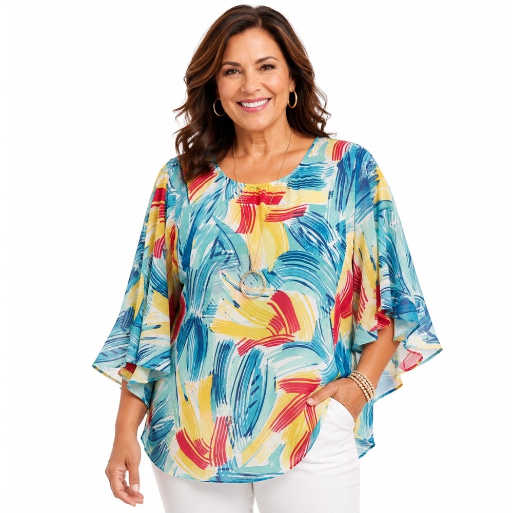 Chico's Strokes Chianti Poncho Top Multi Color Abstract Print L/XL 570342946 NWT